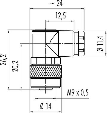 Dessin coté M9 Connecteur femelle coudé, Contacts: 4, 3,5-5,0 mm, non blindé, souder, IP67