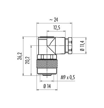 Dessin coté M9 Connecteur femelle coudé, Contacts: 5, 3,5-5,0 mm, non blindé, souder, IP67