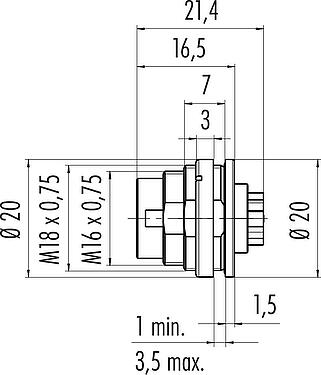 Scale drawing M16 Male panel mount connector, Contacts: 4 (04-a), unshielded, crimping (Crimp contacts must be ordered separately), IP67, UL 2238, M18x0,75, Rear mounting