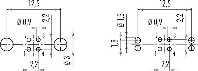 Conductor layout M9 Female panel mount connector, Contacts: 4, shieldable, THT, IP67, M12x0.5, Rear mounting, potted