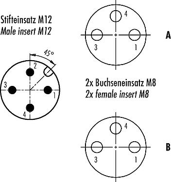 Contact arrangement (Plug-in side) M12/M8 Twin distributors, Y-distributor, male connector - 2 female connector, Contacts: 4/3, unshielded, pluggable, IP68, UL 2238, with LED PNP closer