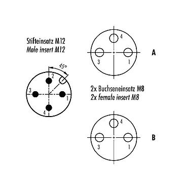 Contact arrangement (Plug-in side) M12/M8 Twin distributors, Y-distributor, male connector - 2 female connector, Contacts: 4/3, unshielded, pluggable, IP68, UL 2238, with LED PNP closer