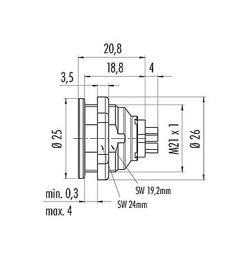 Scale drawing Push Pull Female panel mount connector, Contacts: 8, unshielded, solder, IP67, M21x1,0, Front mounting