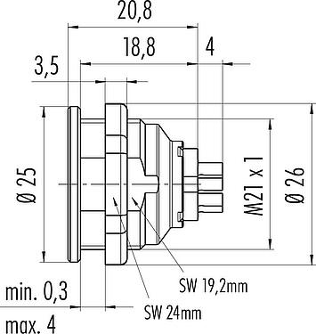 Scale drawing Push Pull Female panel mount connector, Contacts: 8, shieldable, solder, IP67, M21x1,0, Front mounting