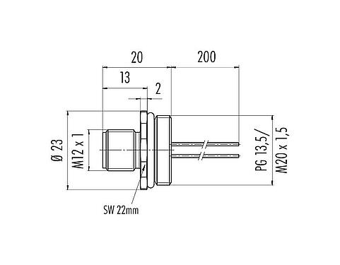 Scale drawing M12 Male panel mount connector, Contacts: 4, unshielded, single wires, IP68, UL 2238, M20x1.5, Front mounting, potted