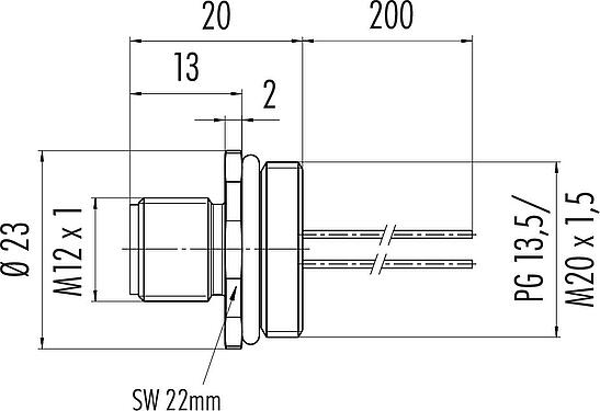 Dessin coté M12 Embase mâle, Contacts: 4, non blindé, fils, IP68, UL 2238, M20x1,5, Montage frontal, coulé