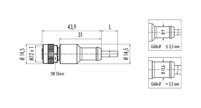 Scale drawing M12 Female cable connector, Contacts: 4, unshielded, moulded on the cable, IP68/IP69K, PUR, black, 4 x 0.34 mm², 2 m