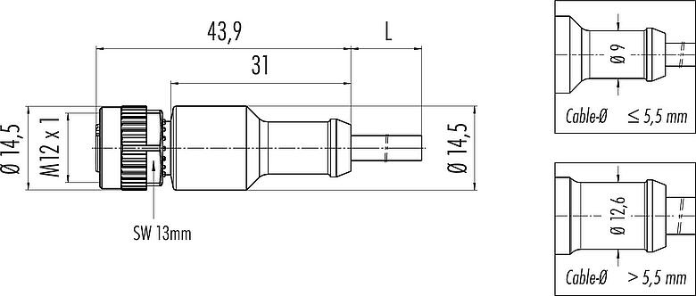 Dessin coté M12 Connecteur femelle, Contacts: 3, non blindé, surmoulé sur le câble, IP68/IP69K, UL 2238, PVC, gris, 3 x 0,34 mm², 2 m
