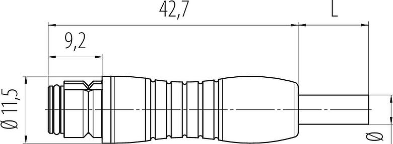 Dibujo a escala Snap-In Conector de cable hembra, Número de contactos: 3, sin blindaje, moldeado en el cable, IP67, UL 2238, PUR, negro, 3 x 0,25 mm², 2 m