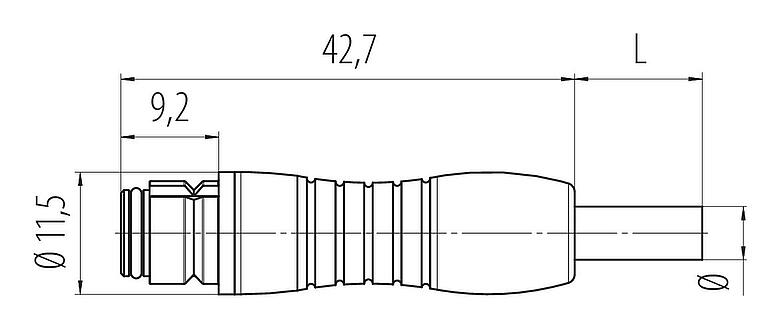 Scale drawing Snap-In Female cable connector, Contacts: 3, unshielded, moulded on the cable, IP67, UL 2238, PUR, black, 3 x 0.25 mm², 2 m