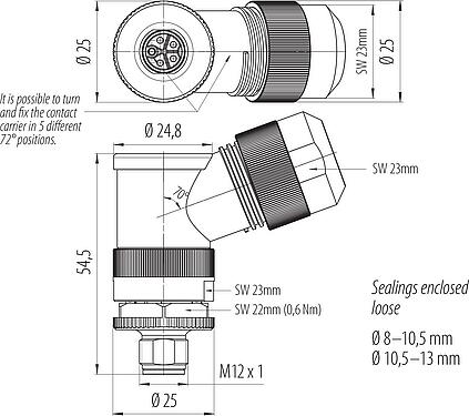 Dibujo a escala M12 Conector macho en ángulo, Número de contactos: 4+PE, 8,0-13,0 mm, sin blindaje, tornillo extraíble, IP67, UL 2238