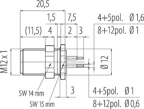 Dibujo a escala M12 Enchufe de brida, Número de contactos: 5, sin blindaje, THT, IP68, UL 2238, M12x1,0, Montaje en pared, moldeado