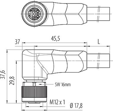 Dibujo a escala M12 Conector hembra en ángulo, Número de contactos: 4+FE, sin blindaje, moldeado en el cable, IP68, UL 2238, PUR, negro, 5 x 2,50 mm², 2 m