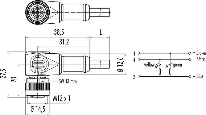 Dessin coté Connecteur femelle coudé, Contacts: 4, non blindé, surmoulé sur le câble, IP68/IP69K, UL 2238, Standard, PVC, jaune, 4 x AWG 22, avec LED, PNP, 1 m