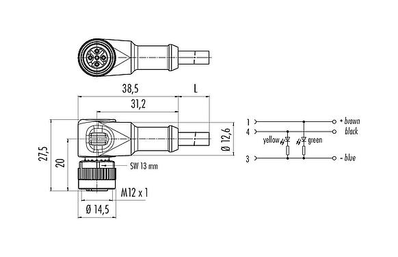 Scale drawing M12 Female angled connector, Contacts: 3, unshielded, moulded on the cable, IP68/IP69K, UL 2238, PVC, grey, 3 x 0.34 mm², with LED PNP closer, 2 m