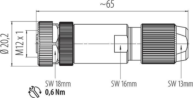 Dibujo a escala M12 Conector de cable hembra, Número de contactos: 4, 5,0-8,0 mm, blindable, crimpado (los contactos de crimpado deben pedirse por separado), IP67, UL 2238