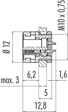 Dessin coté Baïonnette Embase femelle, Contacts: 2, non blindé, souder, IP40, M10x0,75, Montage frontal