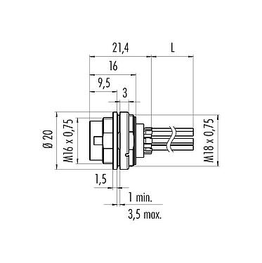 Dibujo a escala M16 Enchufe de brida, Número de contactos: 4 (04-a), sin blindaje, hilos, IP67, UL 2238, M18x0,75, Montaje frontal