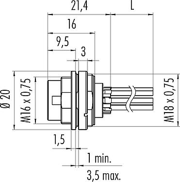 Scale drawing M16 Male panel mount connector, Contacts: 8 (08-a), unshielded, single wires, IP68, UL 2238, AISG compliant, M18x0,75, Front mounting