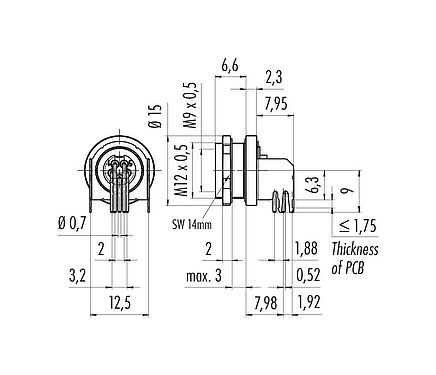 Scale drawing M9 Female angled panel mount connector, Contacts: 2, shieldable, THT, IP67, Rear mounting, potted
