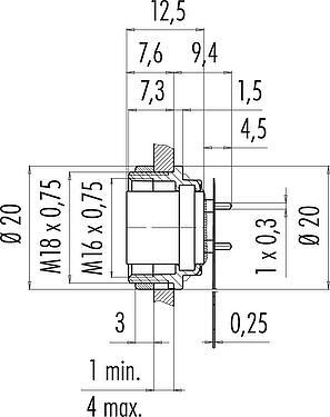 Scale drawing M16 Female panel mount connector, Contacts: 7 (07-a), unshielded, THT, IP40, M18x0,75, Rear mounting