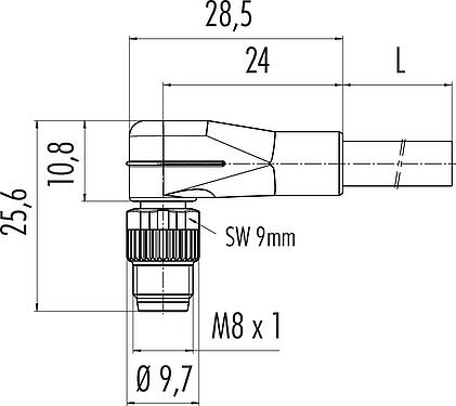 Scale drawing M8 Male angled connector, Contacts: 5, unshielded, moulded on the cable, IP67/IP69K, UL 2238, PUR, black, 5 x 0.34 mm², 2 m