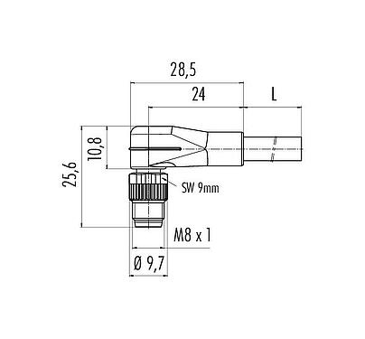 Scale drawing M8 Male angled connector, Contacts: 4, unshielded, moulded on the cable, IP67, UL 2238, PVC, grey, 4 x 0.34 mm², 2 m