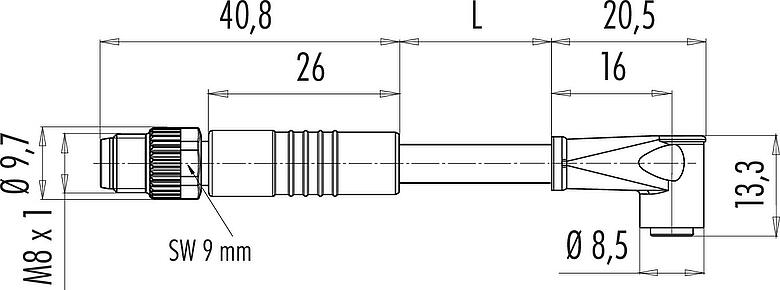 Dibujo a escala M8 Conector de cable macho - conector hembra en ángulo, Número de contactos: 4, sin blindaje, moldeado en el cable, IP65, PUR, negro, 4 x 0,25 mm², 1 m