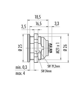 Scale drawing Push Pull Male panel mount connector, Contacts: 12, unshielded, solder, IP67, M21x1,0, Front mounting