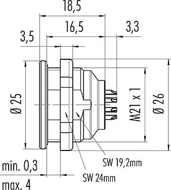 Dibujo a escala Push Pull Enchufe de brida, Número de contactos: 12, sin blindaje, soldadura, IP67, M21x1,0, Montaje frontal
