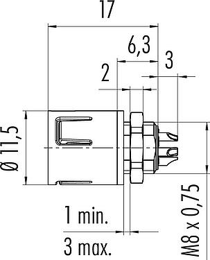 Scale drawing Snap-In Male panel mount connector, Contacts: 3, unshielded, solder, IP67, UL 2238, M8x0,75, Front mounting