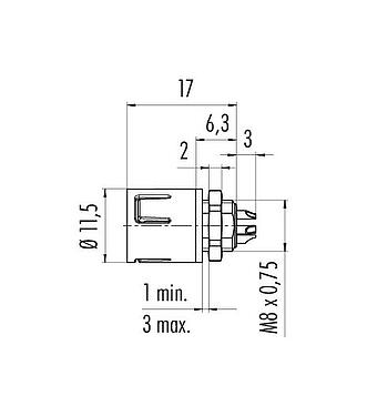 Scale drawing Snap-In Male panel mount connector, Contacts: 4, unshielded, solder, IP67, UL 2238, M8x0,75, Front mounting
