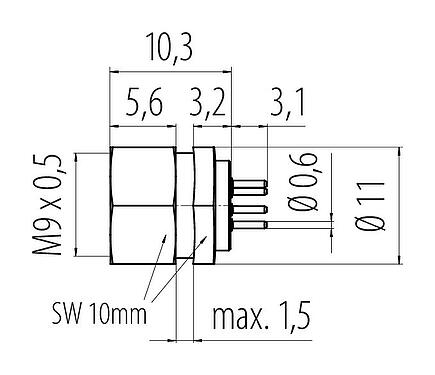 Scale drawing M9 Female panel mount connector, Contacts: 7, unshielded, THT, IP40, M9x0,5, Front mounting