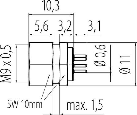 Scale drawing M9 Female panel mount connector, Contacts: 7, unshielded, THT, IP40, M9x0,5, Front mounting