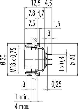 Scale drawing M16 Female panel mount connector, Contacts: 8 (08-a), unshielded, THT, IP68, M18x0,75, Rear mounting