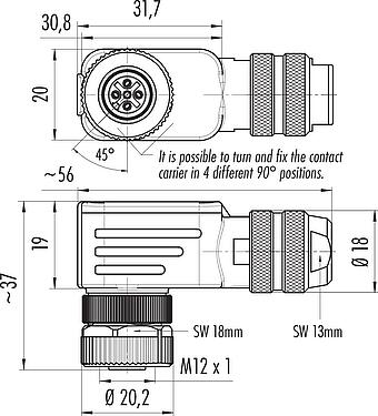 Scale drawing M12 Female angled connector, Contacts: 4, 6.0-8.0 mm, shieldable, wire clamp, IP67, with shielding ring