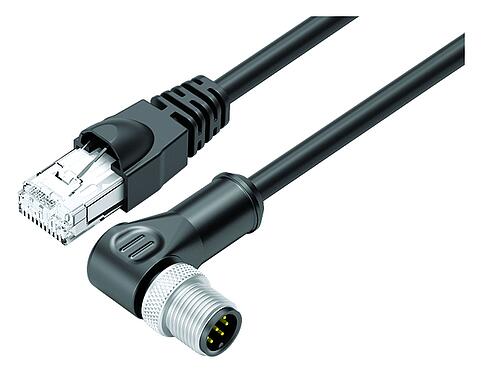 Illustration M12/RJ45 Connecting cable male angled connector - RJ45 connector, Contacts: 8, shielded, molded/crimp, IP67, Ethernet CAT5e, TPE, black, 4 x 2 x AWG 24, 2 m