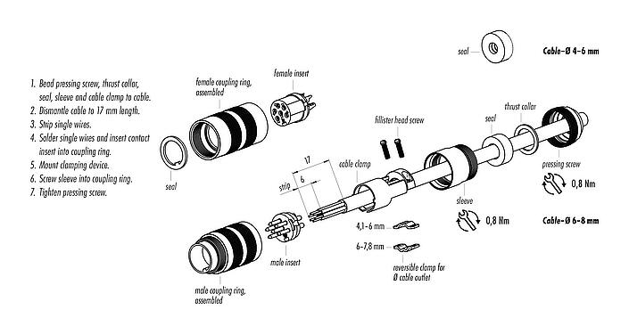 Assembly instructions M16 Male cable connector, Contacts: 4 (04-a), 4.1-7.8 mm, shieldable, solder, IP68, UL 2238, Short version