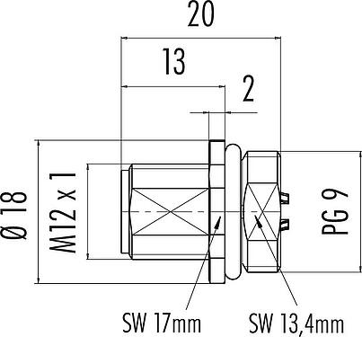 Dessin coté M12 Embase mâle, Contacts: 5, non blindé, souder, IP68, UL 2238, PG 9, Montage frontal