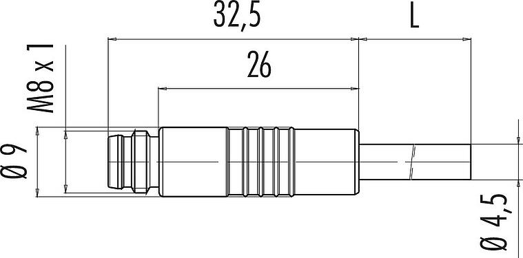 Scale drawing M8 Male cable connector, Contacts: 4, unshielded, moulded on the cable, IP65, PUR, black, 4 x 0.25 mm², Snap-in version, 2 m
