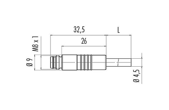 Scale drawing M8 Male cable connector, Contacts: 4, unshielded, moulded on the cable, IP65, PUR, black, 4 x 0.25 mm², Snap-in version, 2 m