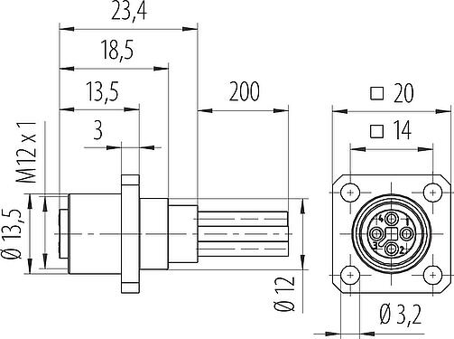 Dibujo a escala M12 Conector hembra cuadrado de montaje en panel, Número de contactos: 4, sin blindaje, hilos, IP40, UL 2238, M3 (4x), Montaje frontal, moldeado