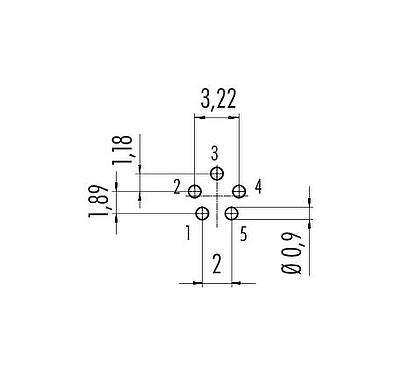 Conductor layout M9 Female panel mount connector, Contacts: 5, unshielded, THT, IP40, M9x0,5, Front mounting