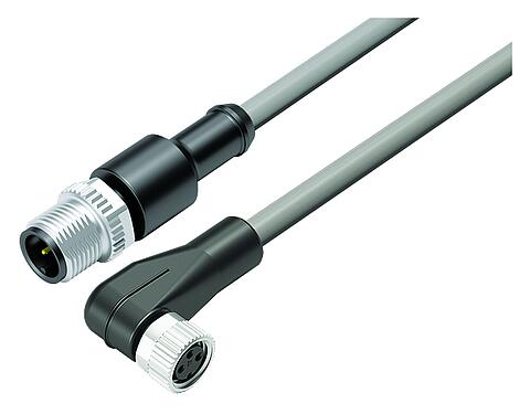 Illustration M12/M8 Male cable connector - female angled connector, Contacts: 3, unshielded, moulded on the cable, IP67/IP69K, UL 2238, PVC, grey, 3 x 0.34 mm², 10 m