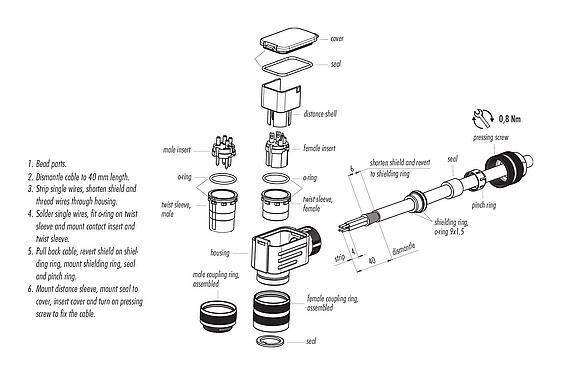 Assembly instructions M16 Male angled connector, Contacts: 16, 6.0-8.0 mm, shieldable, solder, IP67, UL 2238