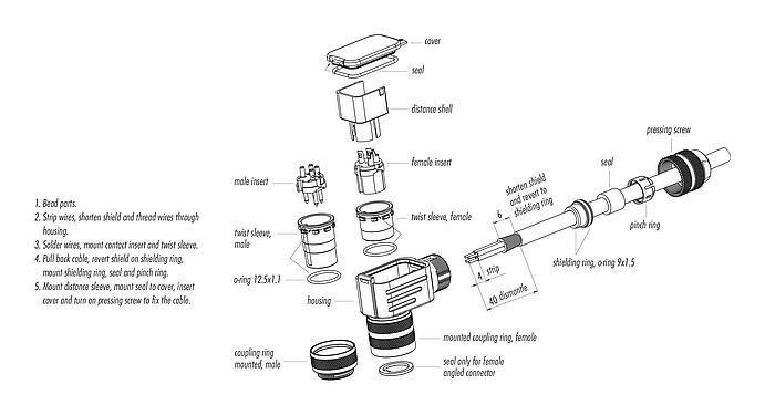 Assembly instructions M16 Female angled connector, Contacts: 7 (07-b), 4.0-6.0 mm, shieldable, solder, IP67, UL 2238