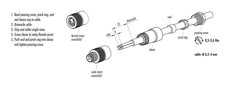Assembly instructions M8 Male cable connector, Contacts: 3, 3.5-5.0 mm, unshielded, solder, IP67, UL 2238