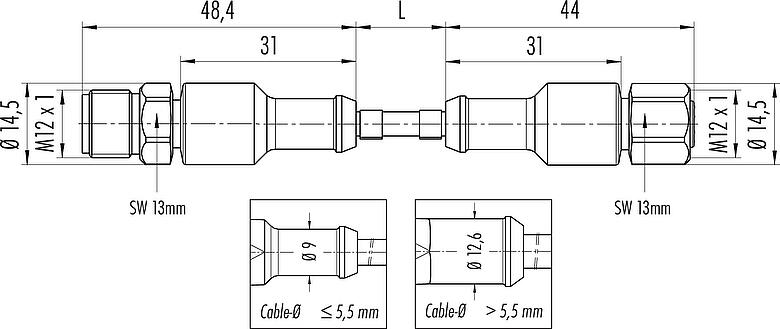 Dibujo a escala M12 Cable de conexión conector de cable macho - conector de cable hembra, Número de contactos: 8, sin blindaje, moldeado en el cable, IP67/IP69K, Ecolab, Conforme a la FDA, TPE especial, gris, 8 x 0,25 mm², Industria alimentaria, Acero inoxidable, 2 m