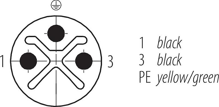 Disposition des contacts (Côté plug-in) M12 Câble de raccordement connecteur mâle - connecteur femelle, Contacts: 2+PE, non blindé, surmoulé sur le câble, IP68, UL 2238, PUR, noir, 3 x 1,50 mm², 2 m