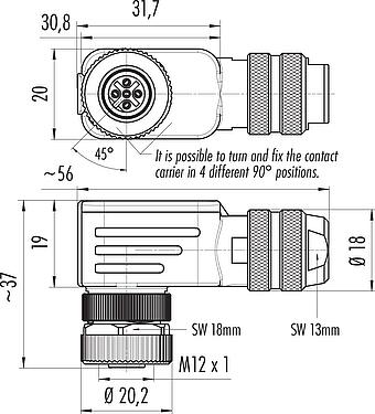 Dibujo a escala M12 Conector hembra en ángulo, Número de contactos: 5, 6,5-8,5 mm, blindable, abrazadera de alambre, IP67, con anillo de protección